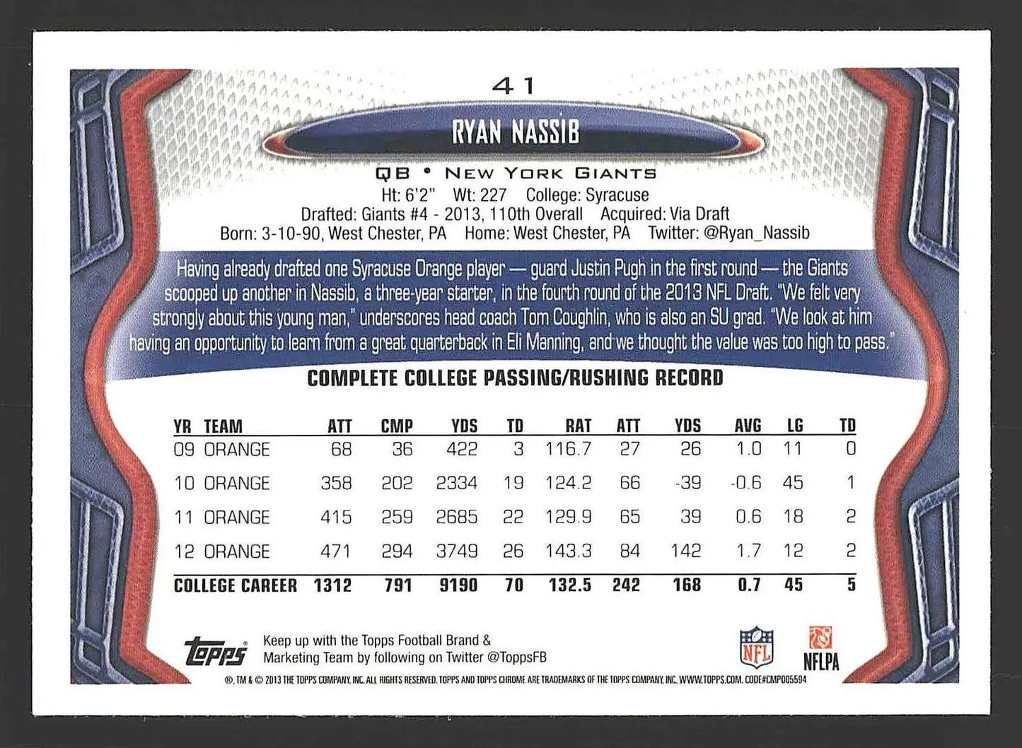 2013 Topps Chrome #41 Ryan Nassib - Football Card Single