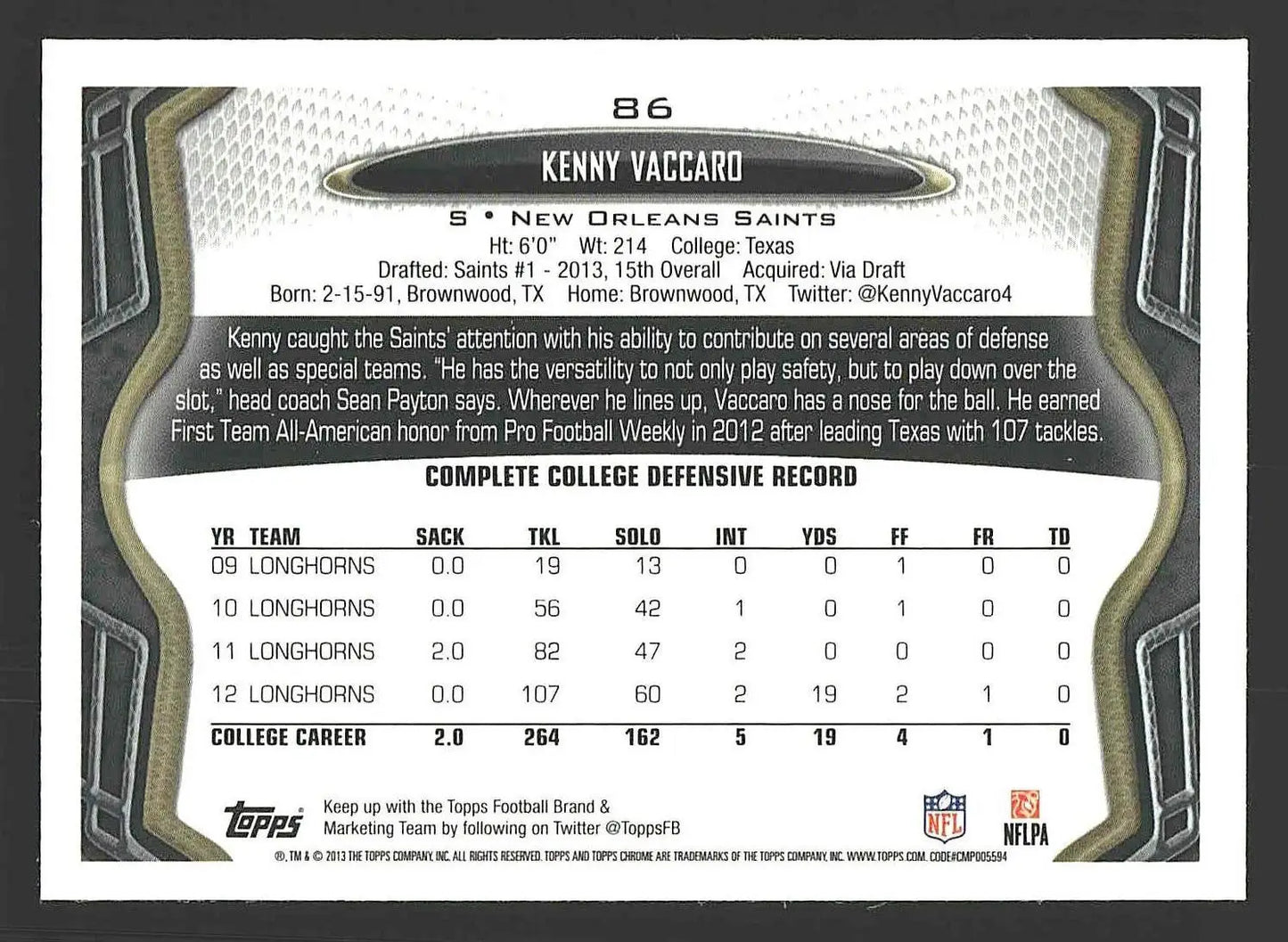 2013 Topps Chrome #86 Kenny Vaccaro - Football Card Single