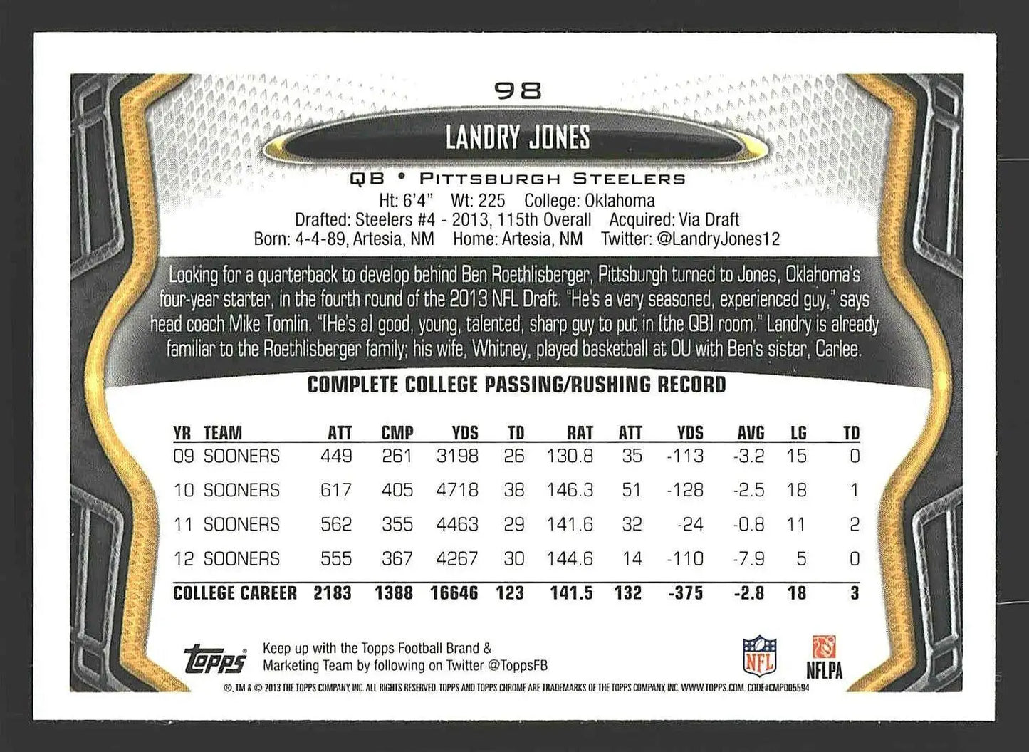 2013 Topps Chrome #98 Landry Jones - Football Card Single