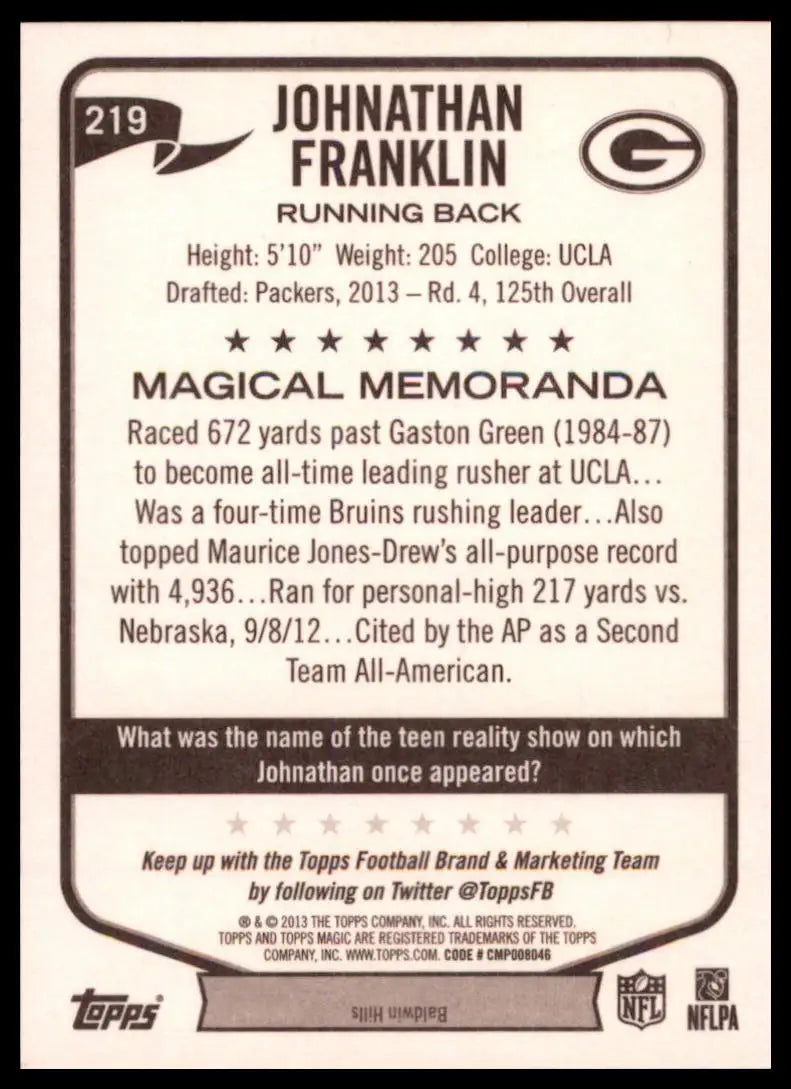 2013 Topps Magic Johnathan Franklin RC 219 Green Bay Packers NM - Football Card Single