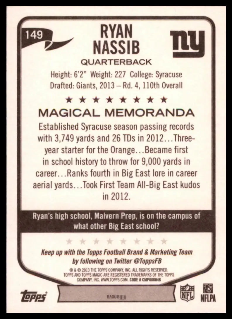 2013 Topps Magic Ryan Nassib RC 149 New York Giants NM - Football Card Single