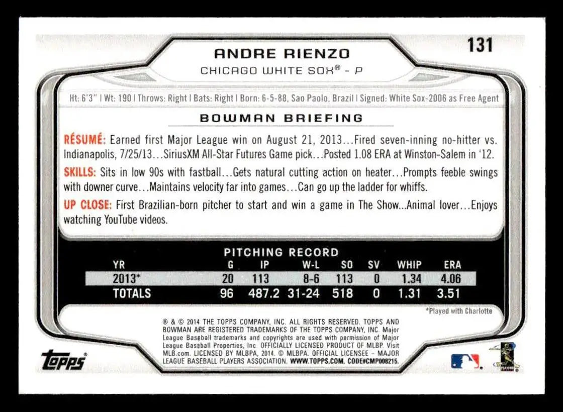 2014 Bowman #131 Andre Rienzo - Baseball Card Single