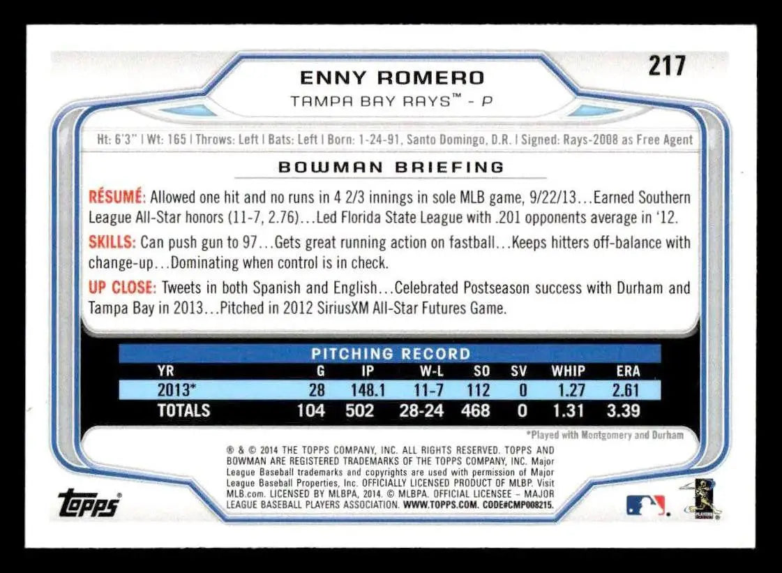 2014 Bowman #217 Enny Romero - Baseball Card Single