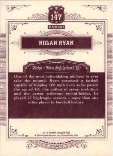 Original gloss Nolan Ryan baseball card from Panini Golden Age 2014 NMMT collection