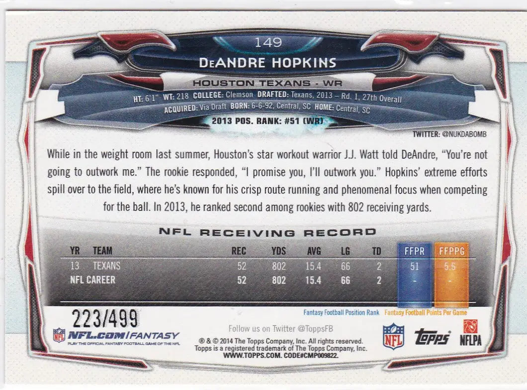 2014 Topps #149 DeAndre Hopkins Pink 223/499 Houston Texans - Football Card Single