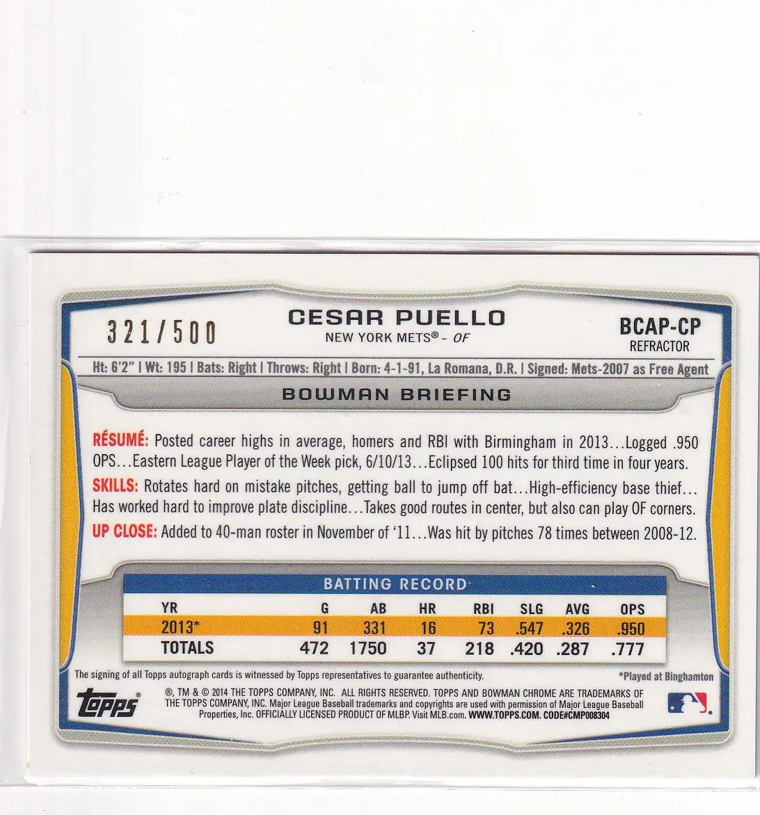 2014 TOPPS BOWMAN CHROME #BCAP-CP CESAR PUELLO AUTO /500- NEW YORK METS - Baseball Card Single