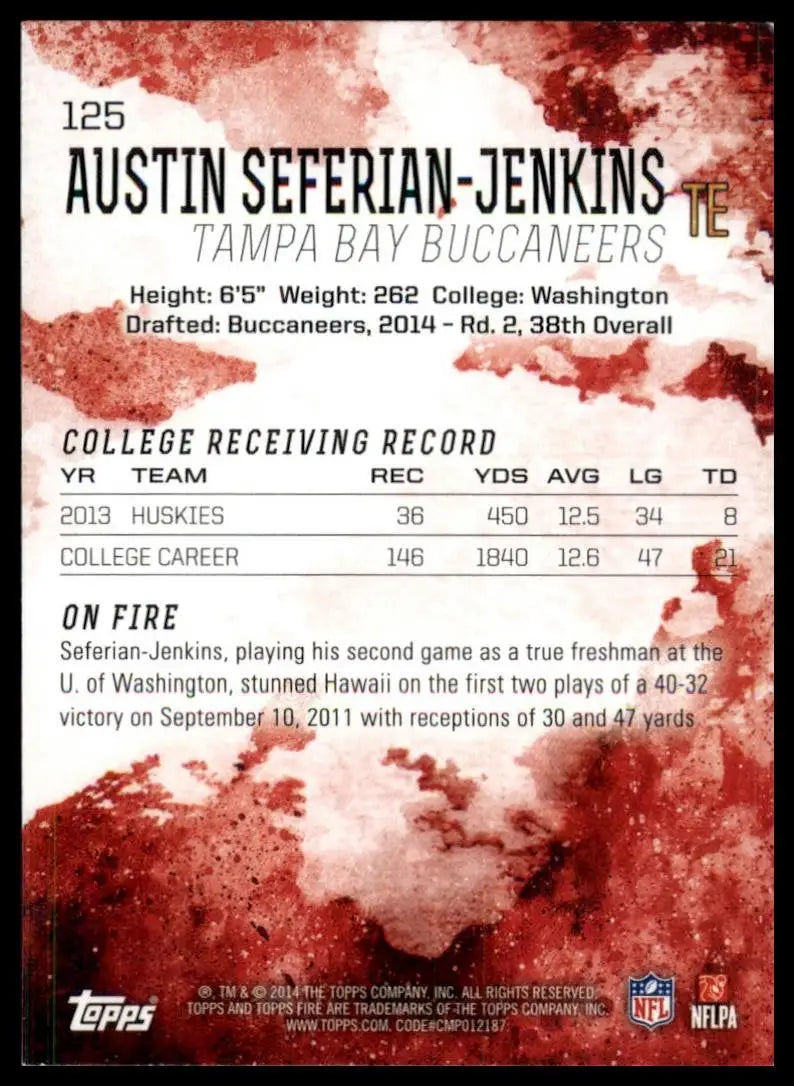 2014 Topps Fire Rookie Austin Seferian Jenkins #125 Tampa Bay Buccaneers Card - Football Card Single