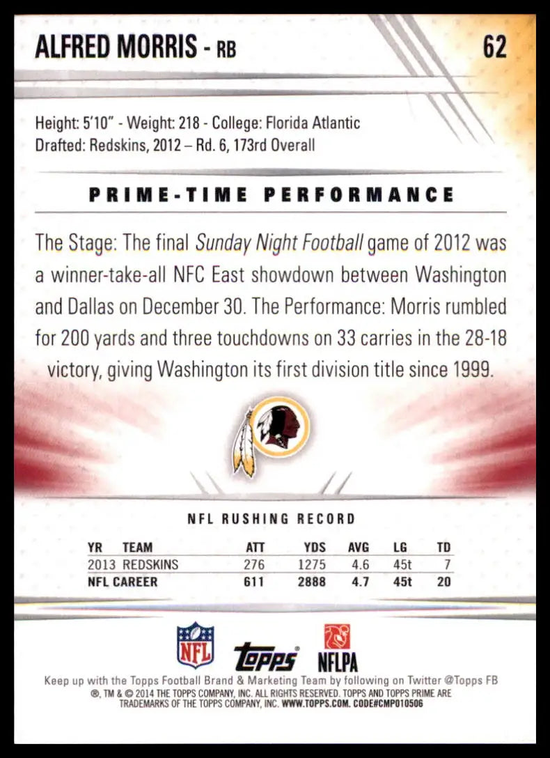 2014 Topps Prime Alfred Morris 62 Washington Redskins NM - Football Card Single