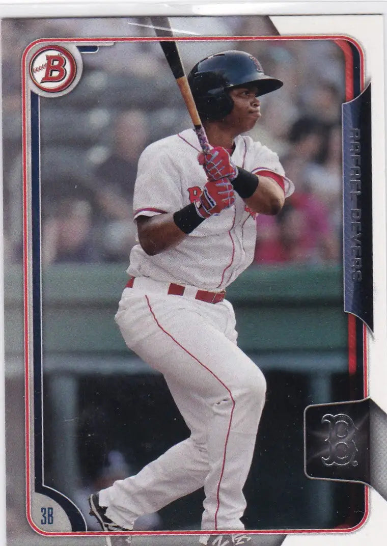 Baseball card of Rafael Devers RC Boston Red Sox player in white home uniform