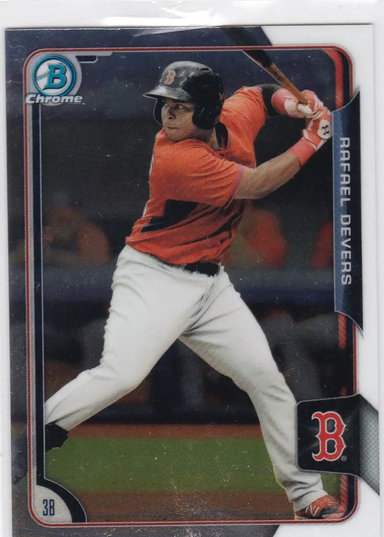 Baseball card of BCP34 Rafael Devers RC Boston in batting stance with orange jersey