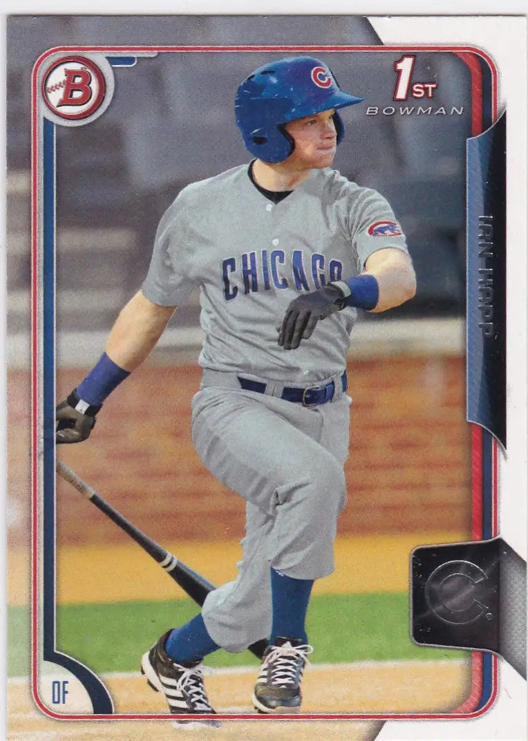 Baseball card of Ian Happ in gray uniform, 2015 Bowman Draft 1st Bowman Chicago Cubs