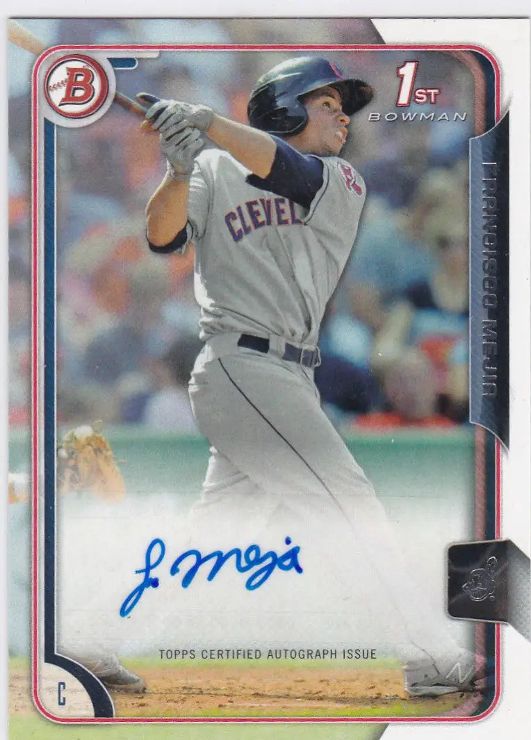 Baseball trading card of Francisco Mejia RC Auto Cleveland Indians swinging bat