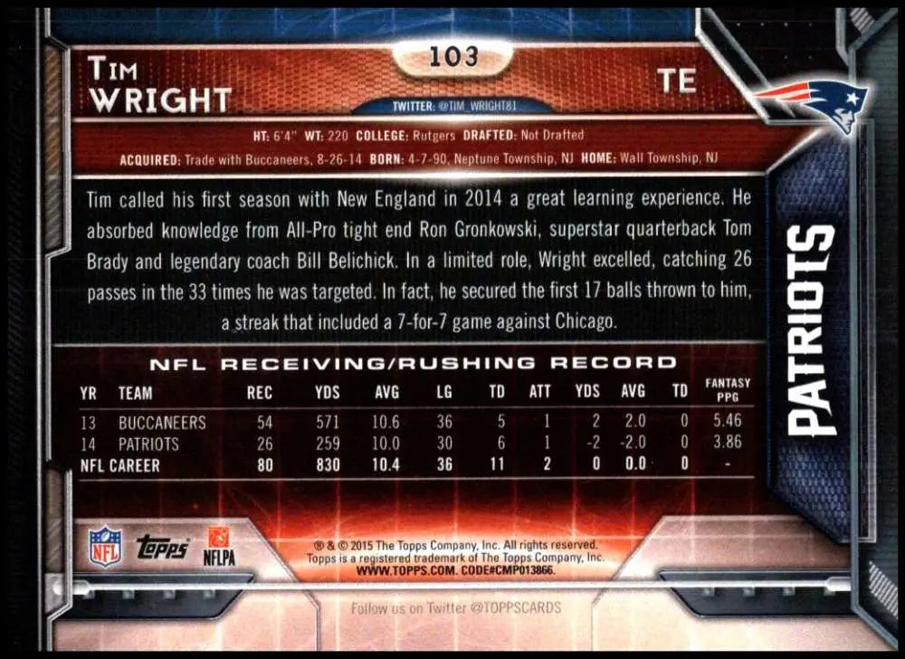 2015 Topps #103 Tim Wright NM-MT New England Patriots Football Card - Football Card Single
