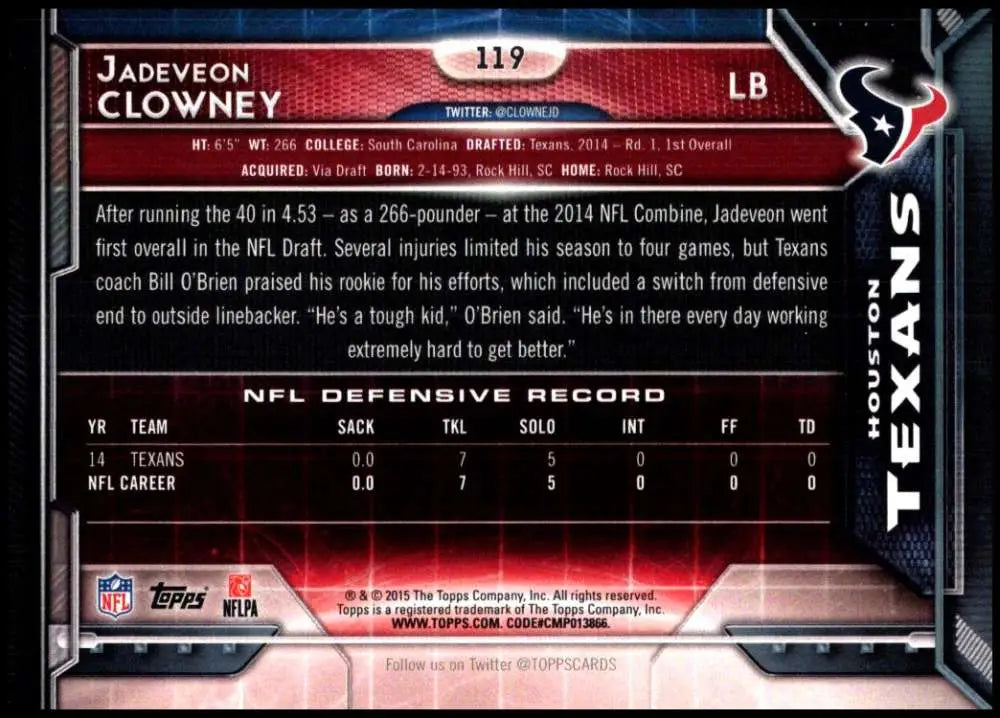 2015 Topps #119 Jadeveon Clowney NM-MT Houston Texans Football Card - Football Card Single