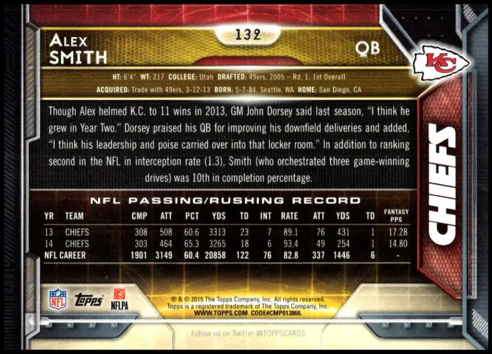 2015 Topps #132 Alex Smith NM-MT Kansas City Chiefs Football Card - Football Card Single