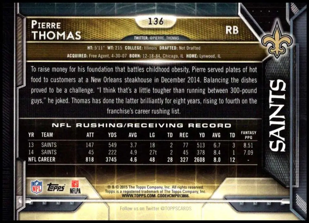 2015 Topps #136 Pierre Thomas NM-MT New Orleans Saints Football Card - Football Card Single