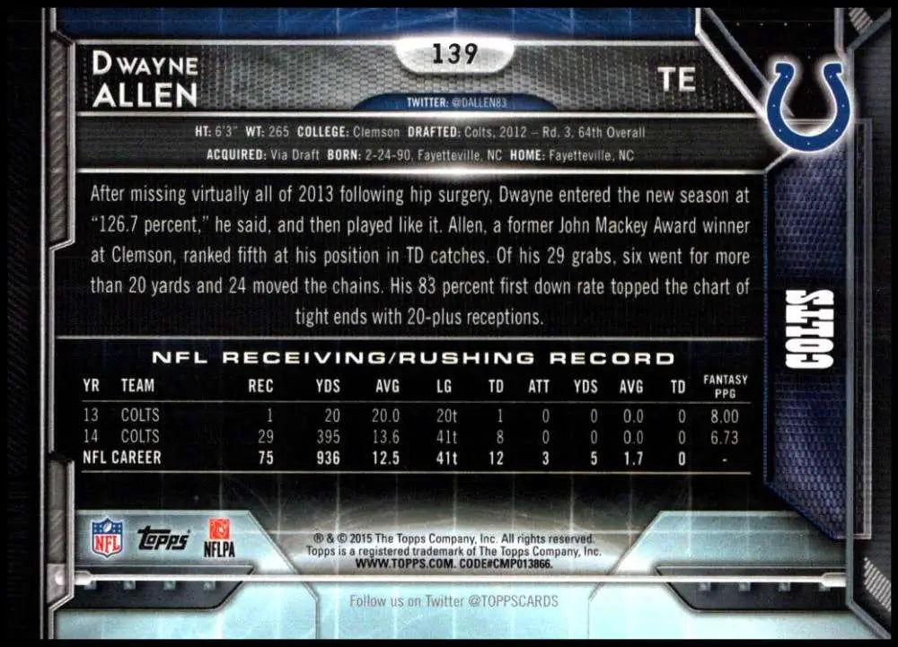 2015 Topps #139 Dwayne Allen NM-MT Indianapolis Colts Football Card - Football Card Single