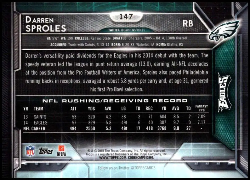 2015 Topps #147 Darren Sproles NM-MT Philadelphia Eagles Football Card - Football Card Single