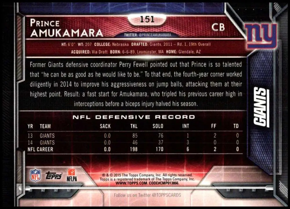 2015 Topps #151 Prince Amukamara NM-MT New York Giants Football Card - Football Card Single