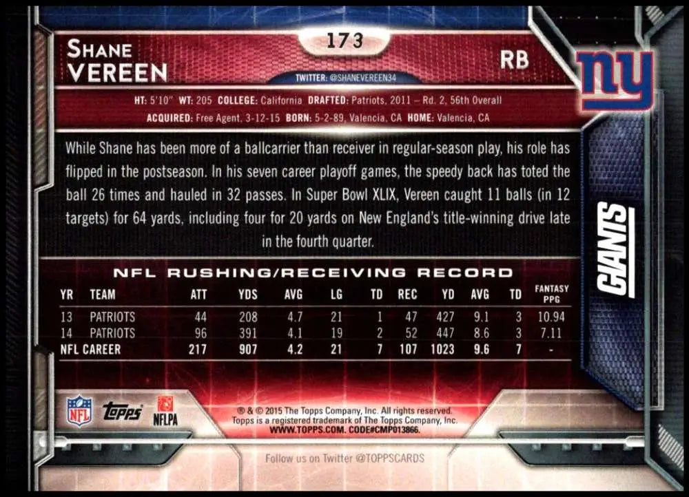 2015 Topps #173 Shane Vereen NM-MT New York Giants Football Card - Football Card Single