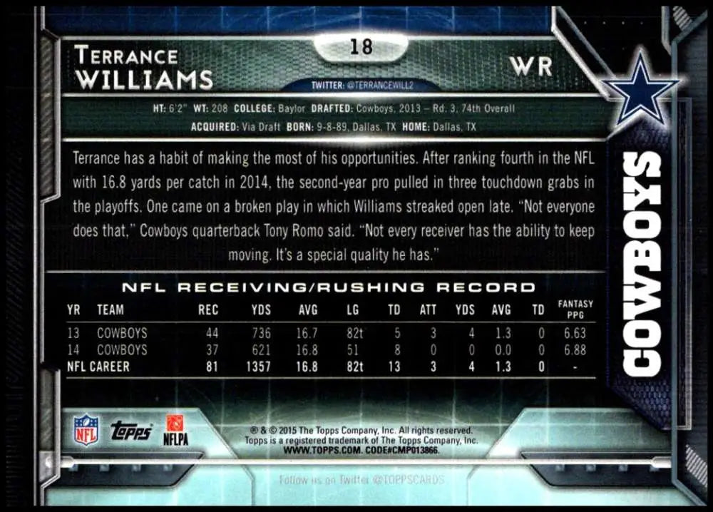 2015 Topps #18 Terrance Williams NM-MT Dallas Cowboys Football Card - Football Card Single