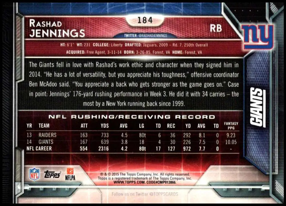 2015 Topps #184 Rashad Jennings NM-MT New York Giants Football Card - Football Card Single