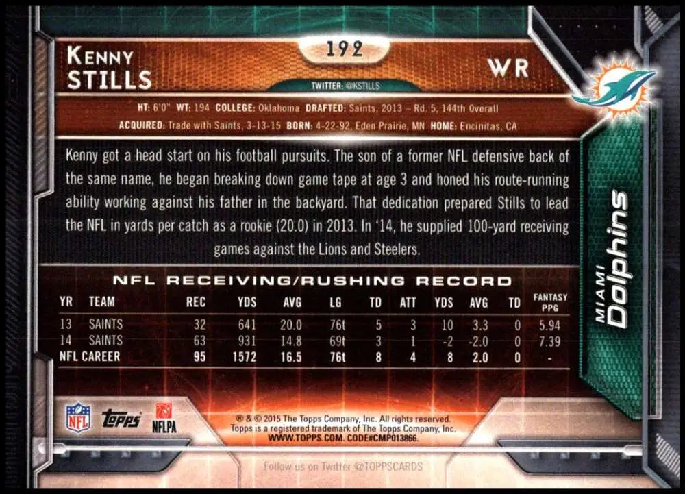 2015 Topps #192 Kenny Stills NM-MT Miami Dolphins Football Card - Football Card Single