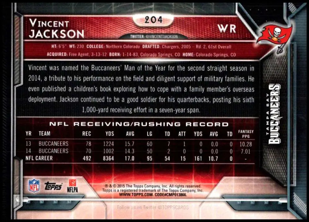 2015 Topps #204 Vincent Jackson NM-MT Tampa Bay Buccaneers Football Card - Football Card Single