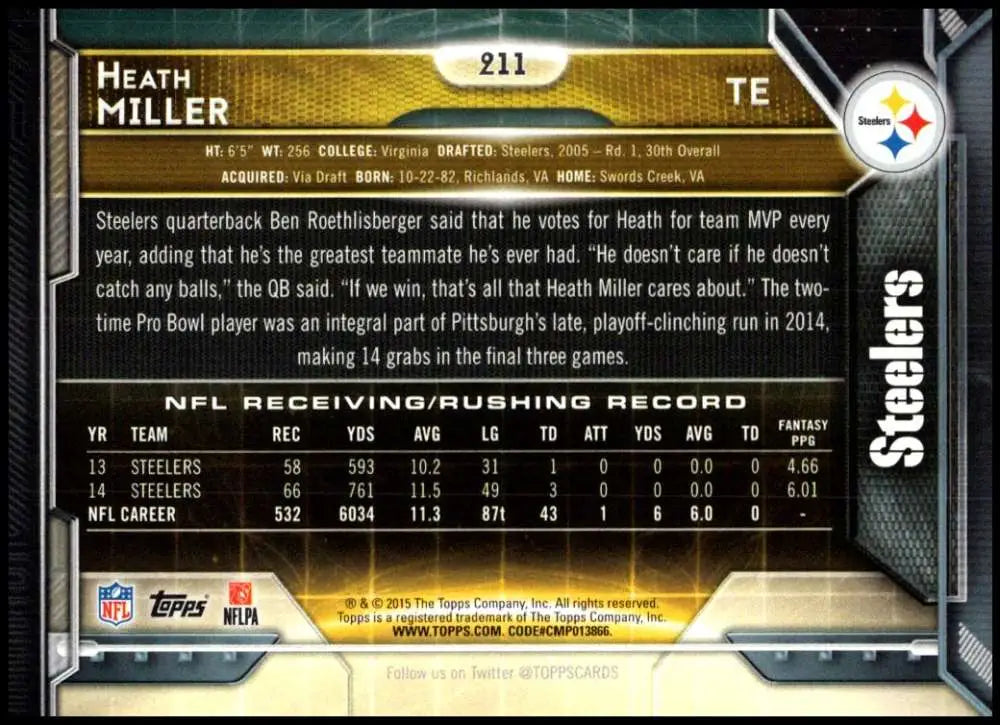 2015 Topps #211 Heath Miller NM-MT Pittsburgh Steelers Football Card - Football Card Single