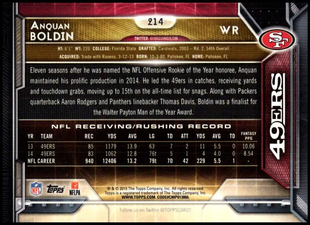 2015 Topps #214 Anquan Boldin NM-MT San Francisco 49ers Football Card - Football Card Single