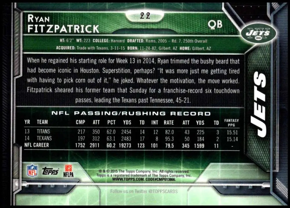 2015 Topps #22 Ryan Fitzpatrick NM-MT New York Jets Football Card - Football Card Single