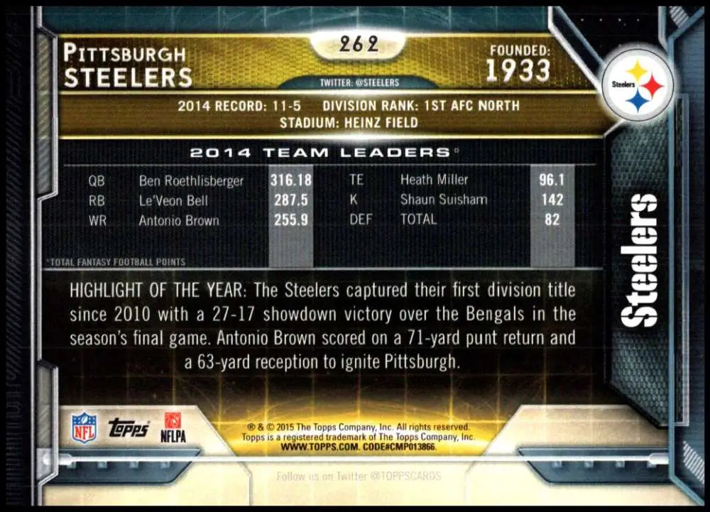 2015 Topps #262 Pittsburgh Steelers NM-MT Pittsburgh Steelers Football Card - Football Card Single