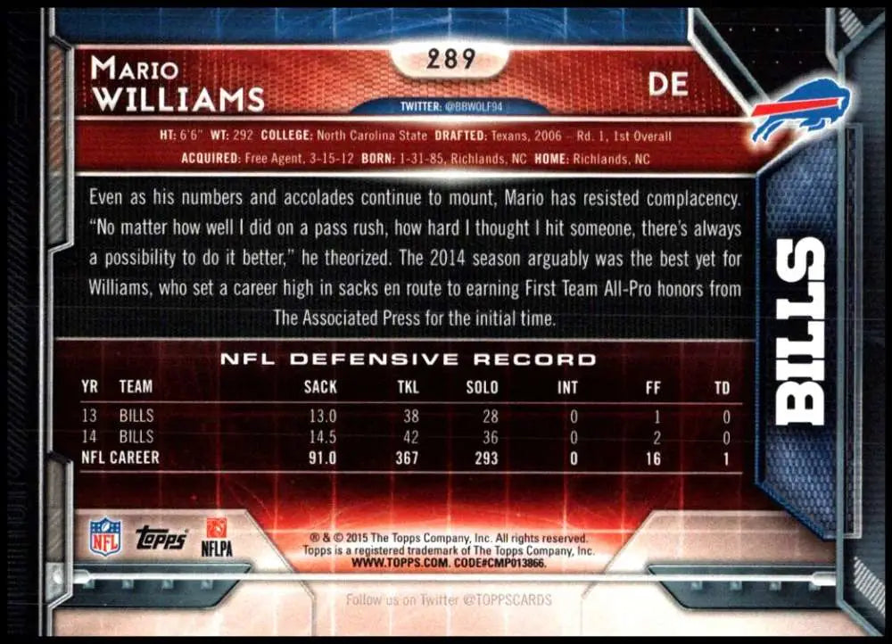 2015 Topps #289 Mario Williams NM-MT Buffalo Bills Football Card - Football Card Single