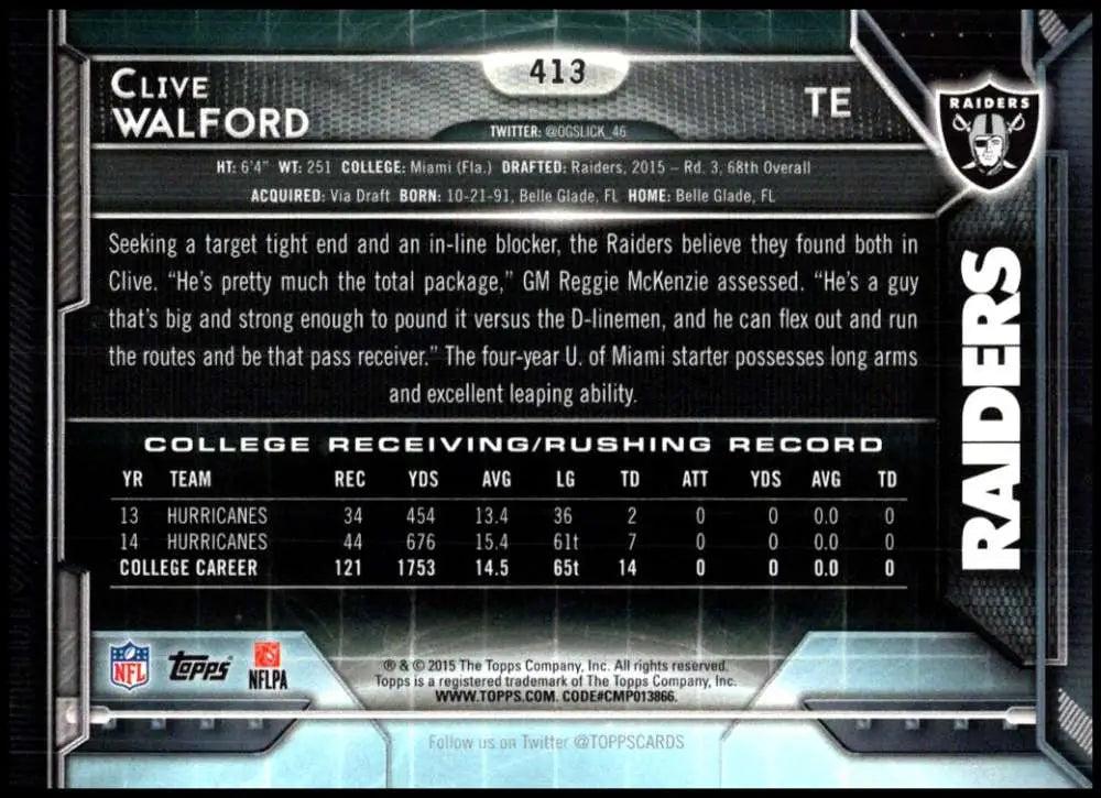 2015 Topps #413 Clive Walford NM-MT RC Rookie Oakland Raiders Football Card - Football Card Single