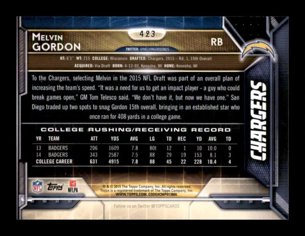 2015 Topps #423 Melvin Gordon NM-MT RC Rookie San Diego Chargers Football Card - Football Card Single