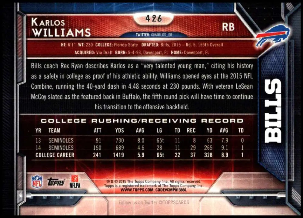 2015 Topps #426 Karlos Williams NM-MT RC Rookie Buffalo Bills Football Card - Football Card Single
