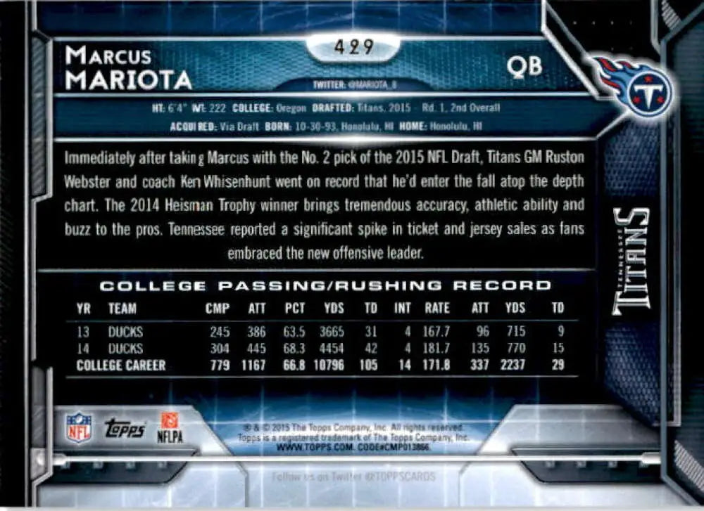 2015 Topps #429 Marcus Mariota NM-MT RC Rookie Tennessee Titans Football Card - Football Card Single