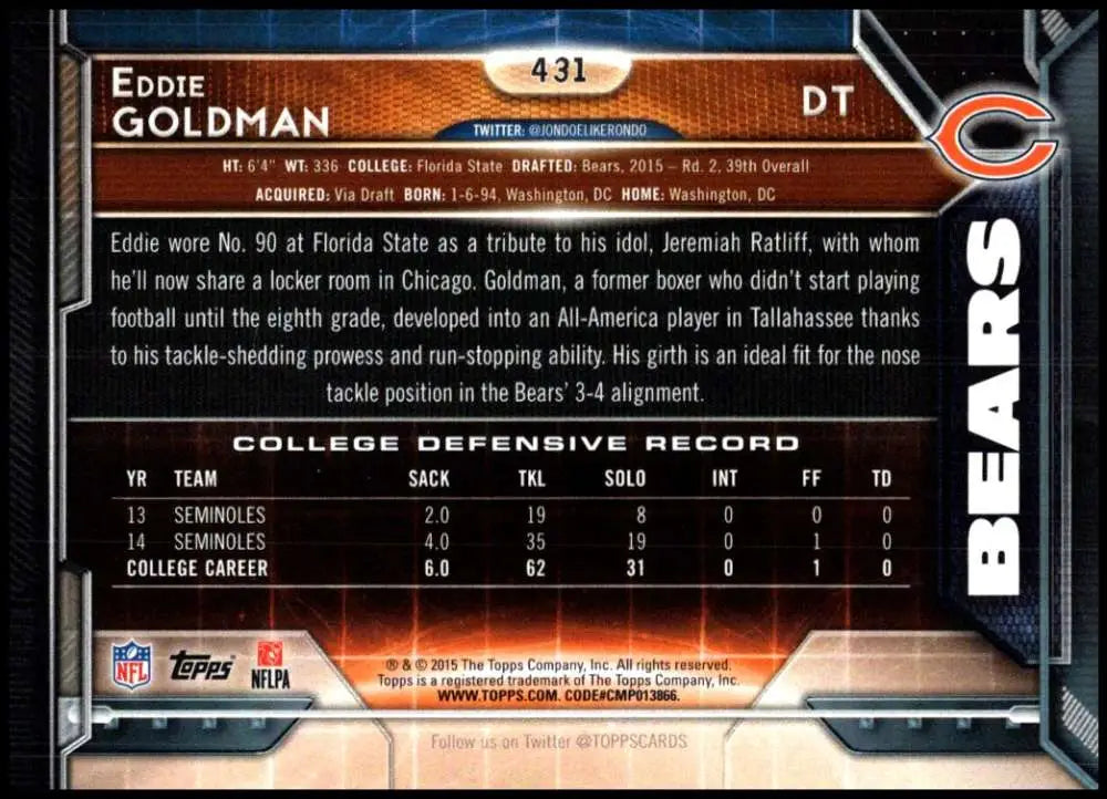 2015 Topps #431 Eddie Goldman NM-MT RC Rookie Chicago Bears Football Card - Football Card Single