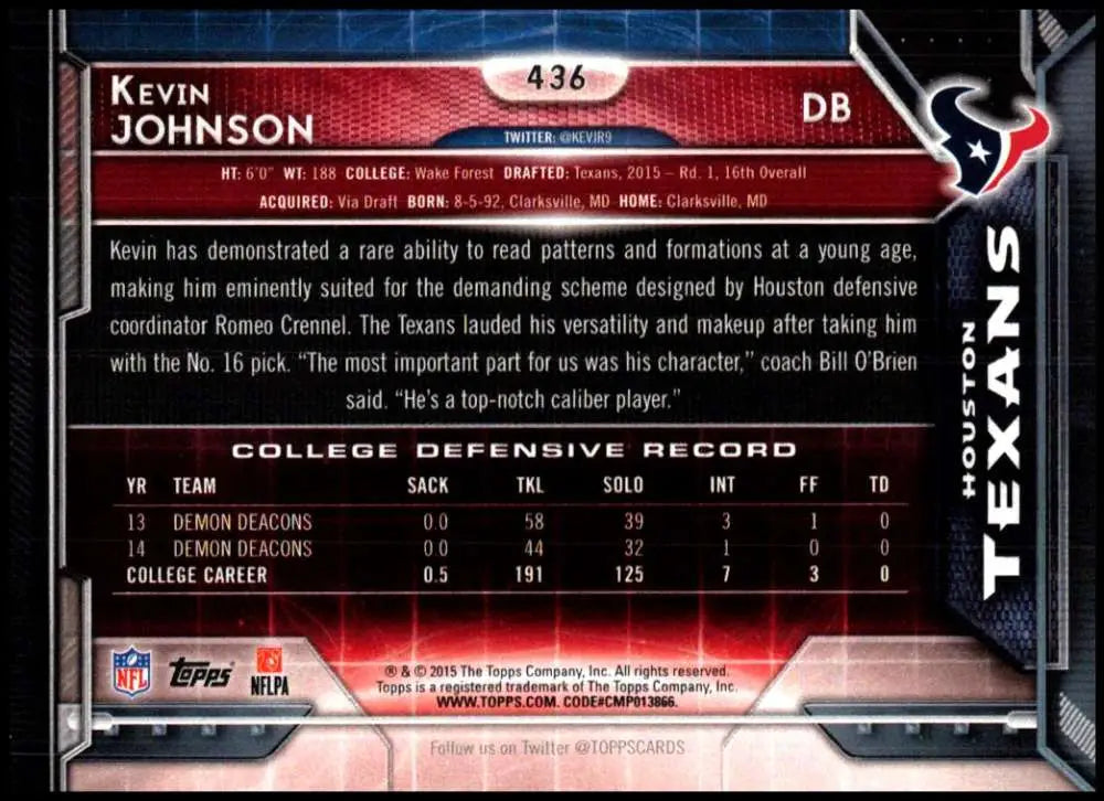 2015 Topps #436 Kevin Johnson NM-MT RC Rookie Houston Texans Football Card - Football Card Single