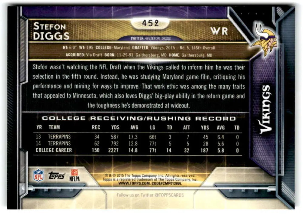 2015 Topps #452 Stefon Diggs NM-MT RC Rookie Minnesota Vikings Football Card - Football Card Single