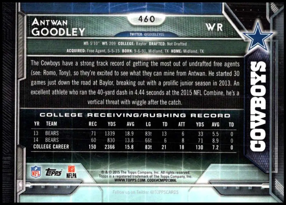 2015 Topps #460 Antwan Goodley NM-MT RC Rookie Dallas Cowboys Football Card - Football Card Single
