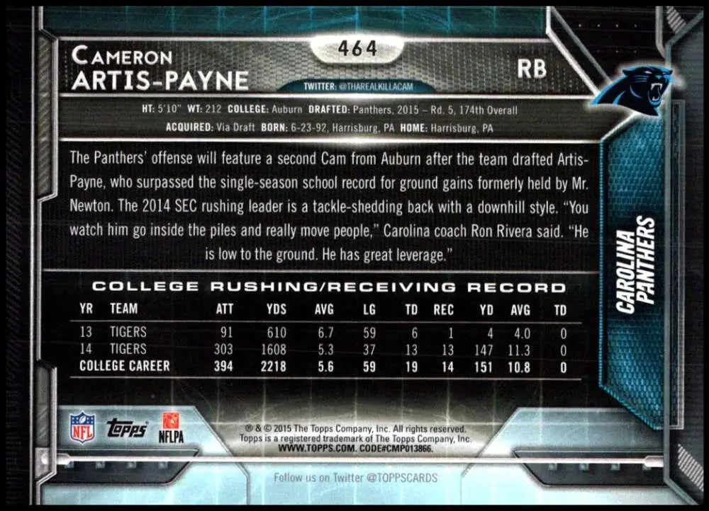 2015 Topps #464 Cameron Artis-Payne NM-MT RC Rookie Carolina Panthers Football Card - Football Card Single