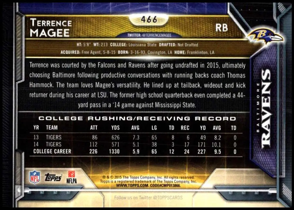 2015 Topps #466 Terrence Magee NM-MT RC Rookie Baltimore Ravens Football Card - Football Card Single