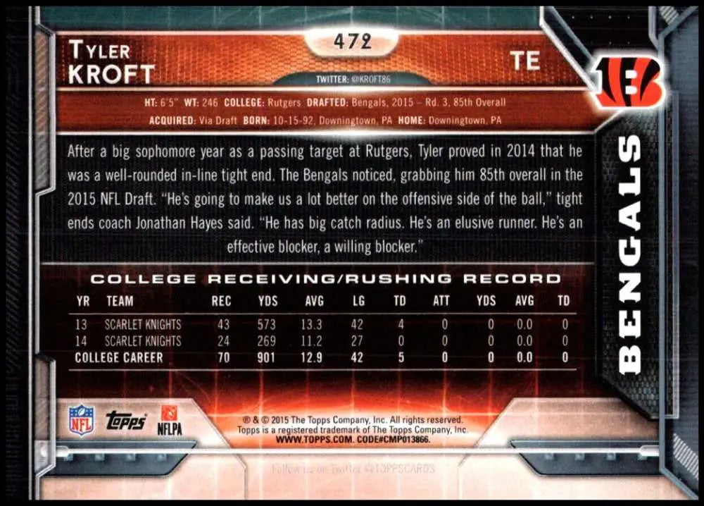 2015 Topps #472 Tyler Kroft NM-MT RC Rookie Cincinnati Bengals Football Card - Football Card Single