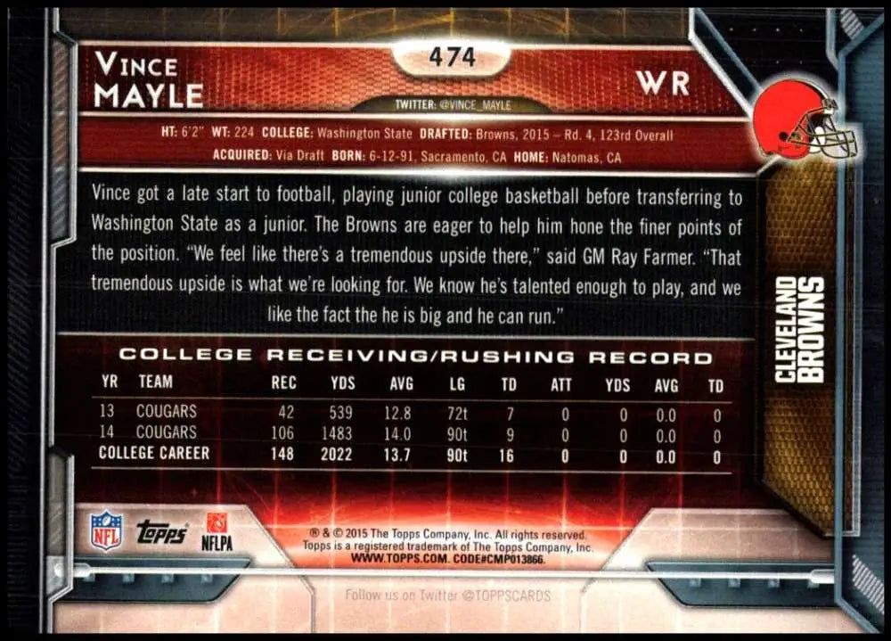 2015 Topps #474 Vince Mayle NM-MT RC Rookie Cleveland Browns Football Card - Football Card Single