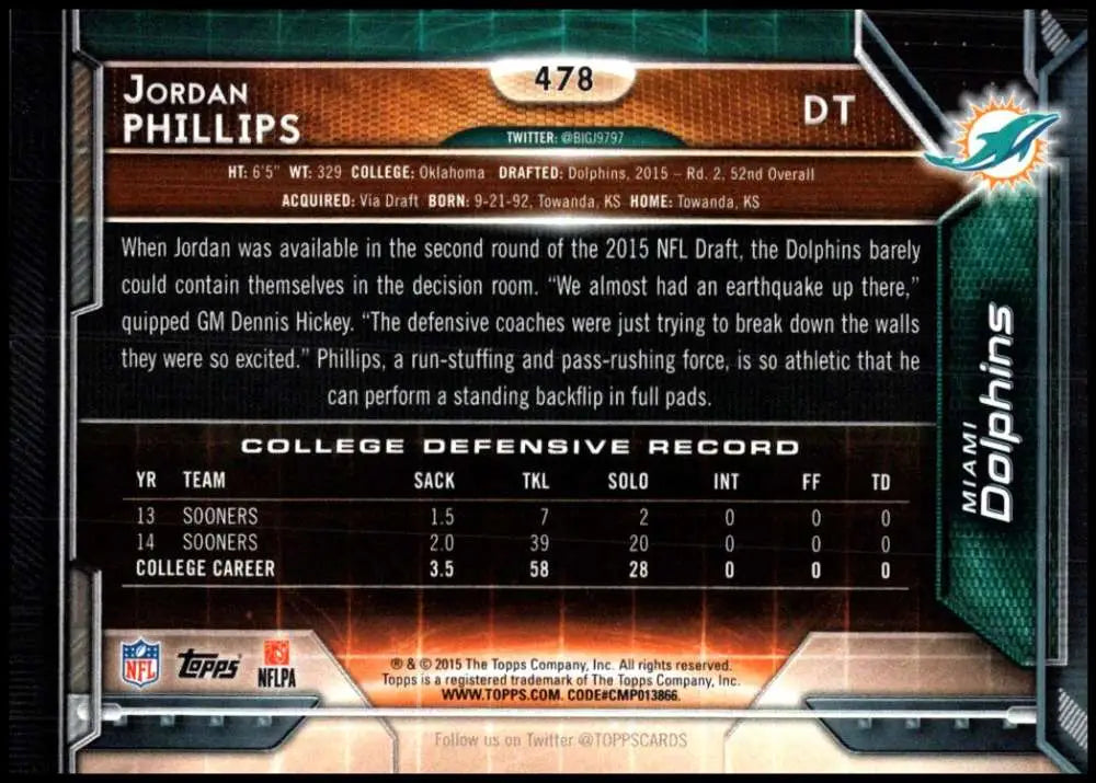 2015 Topps #478 Jordan Phillips NM-MT RC Rookie Miami Dolphins Football Card - Football Card Single