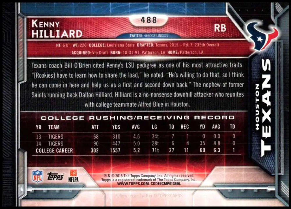 2015 Topps #488 Kenny Hilliard NM-MT RC Rookie Houston Texans Football Card - Football Card Single