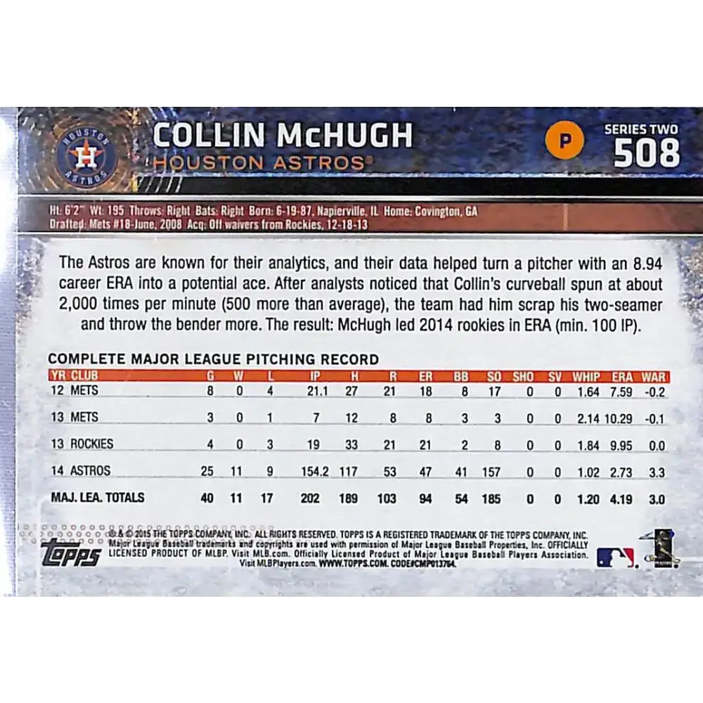 2015 Topps #508 Collin McHugh NM-MT Houston Astros Baseball Card - Baseball Card Single