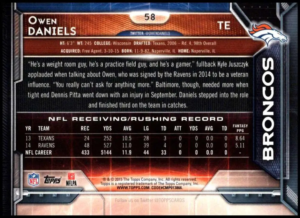2015 Topps #58 Owen Daniels NM-MT Denver Broncos Football Card - Football Card Single
