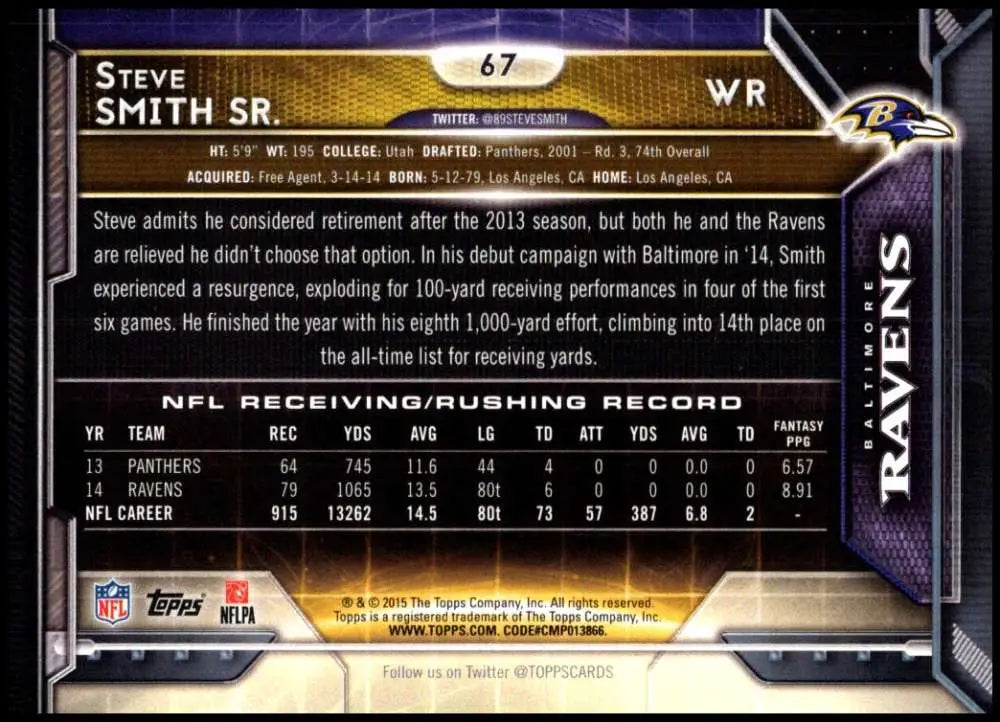2015 Topps #67 Steve Smith Sr. NM-MT Baltimore Ravens Football Card - Football Card Single